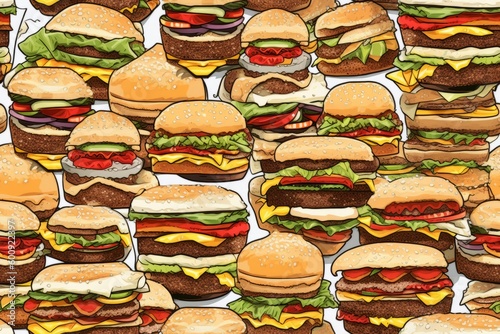 Deliciously Fun Low Density Burger Doodle seamless Pattern, Generative AI