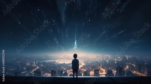 sci-fi fantasy dreamer boy looking at starry night sky with futuristic cityscape as background, Generative Ai photo