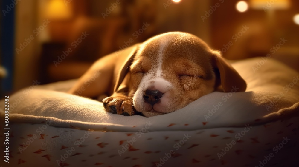 Obraz premium A sleepy puppy snoring softly in its bed. AI generated