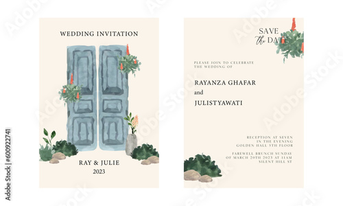 classic door theme wedding invitation watercolor