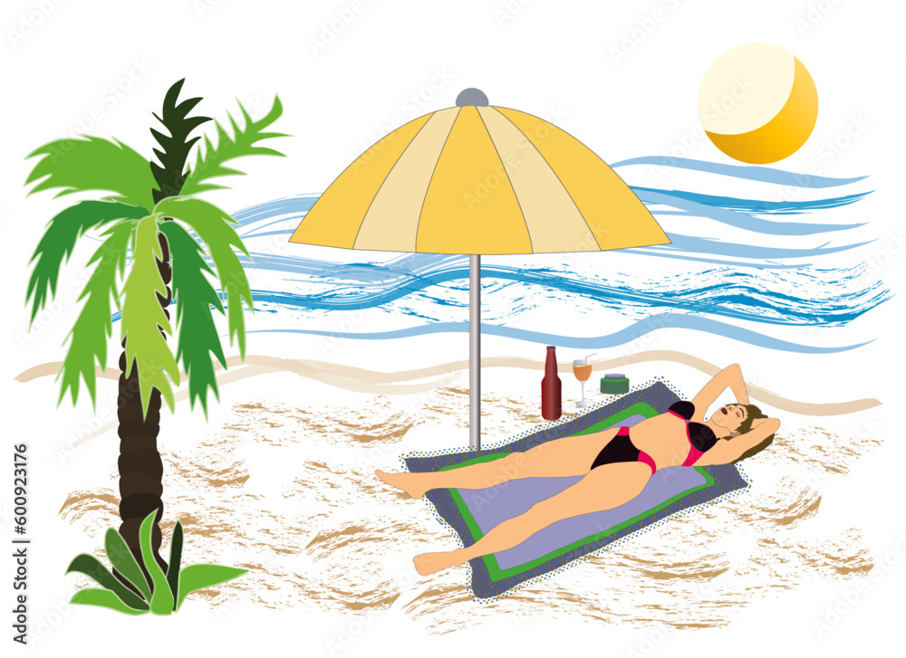 Woman lying in the sun on a blue beach with a colored umbrella on top