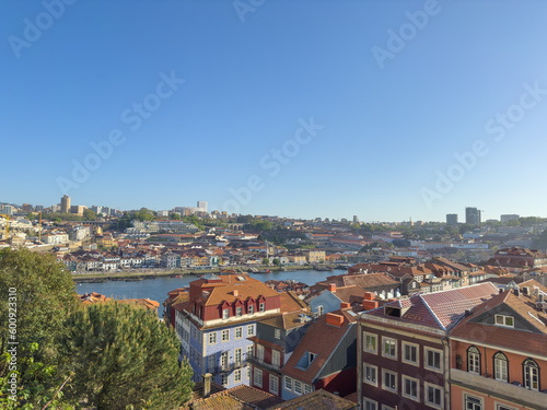 Aerial view from one of the viewpoints of the city with the details of the unique buildings of the historic center of the city of Porto and Douro river, Portugal