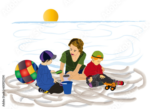 Mother with her children on the beach playing in the sand under the hot sun