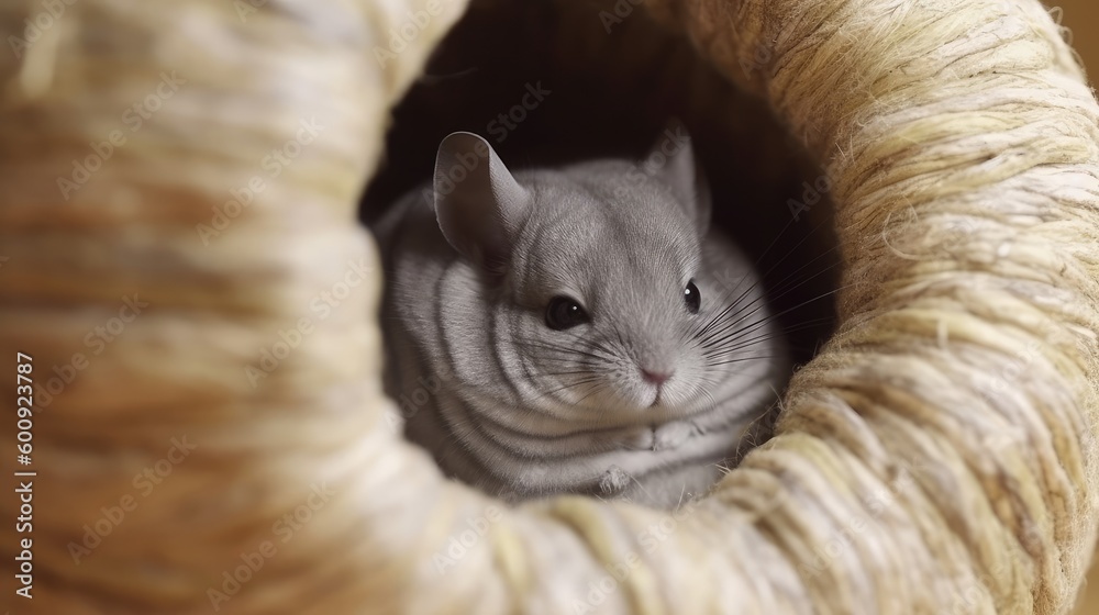 Fototapeta premium A snuggly chinchilla curled up in a ball. AI generated