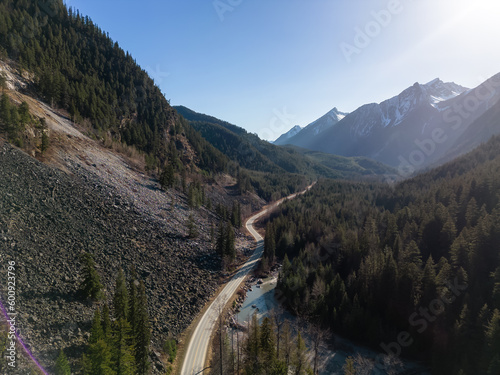 Aerial View of Duffey Lake Road from Lillooet to Pemberton, British Columbia, Canada. Scenic Highway in the Mountain Valley Landscape. Sunny Sunset photo