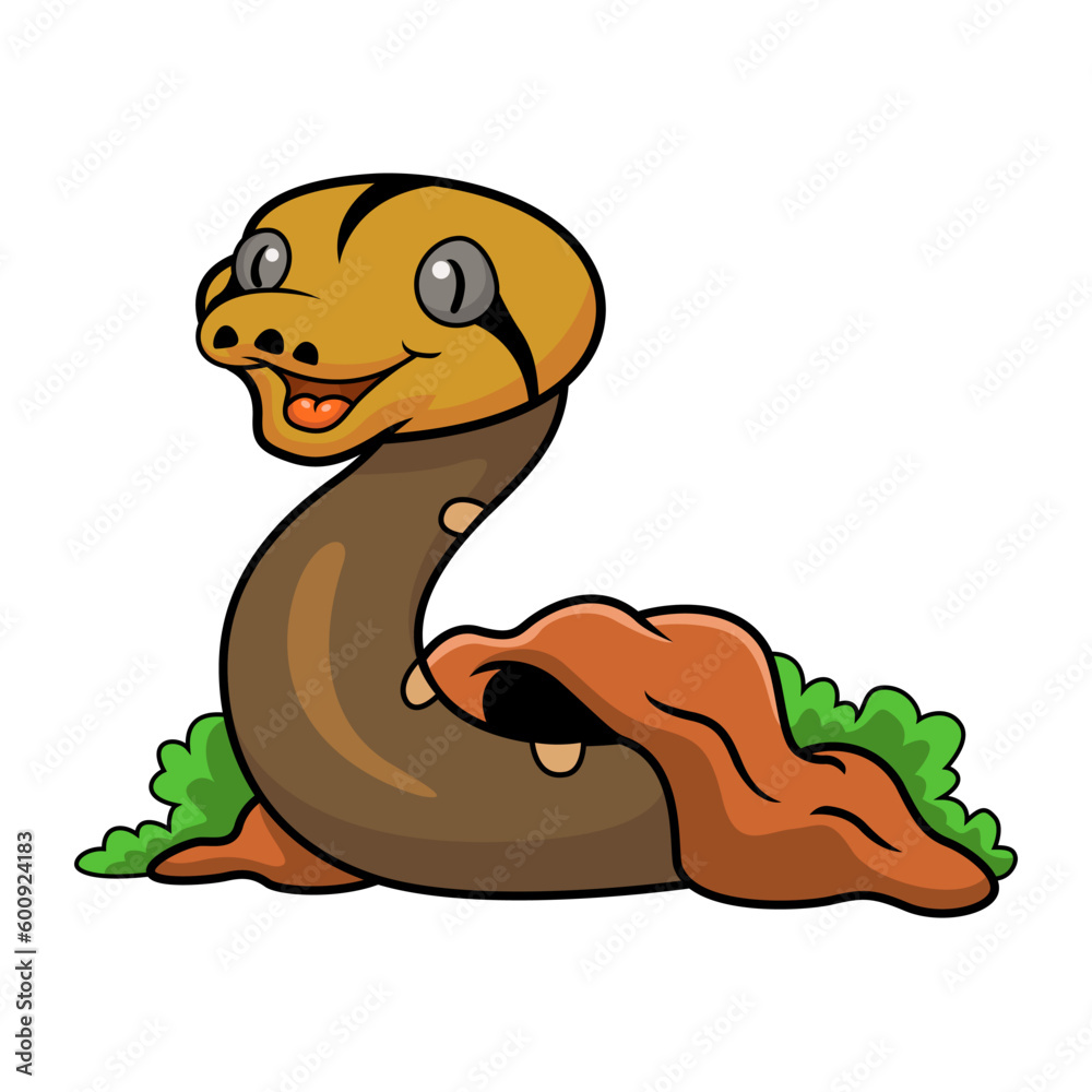 Fototapeta premium Cute golden child reticulated python cartoon out from hole