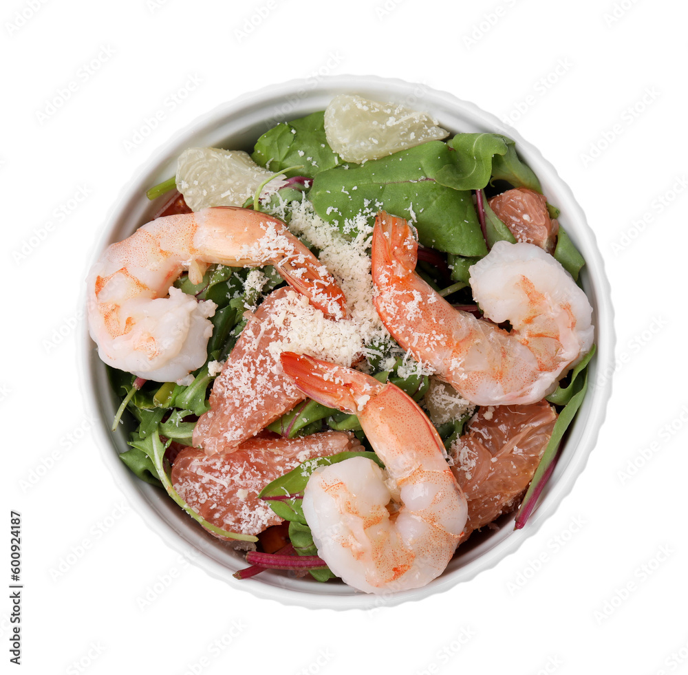 Delicious salad with pomelo, shrimps and tomatoes in bowl on white background, top view Delicious salad with pomelo, shrimps and tomatoes in bowl on white background, top view