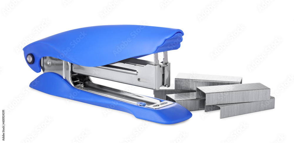 Bright blue stapler with staples isolated on white Bright blue stapler with staples isolated on white