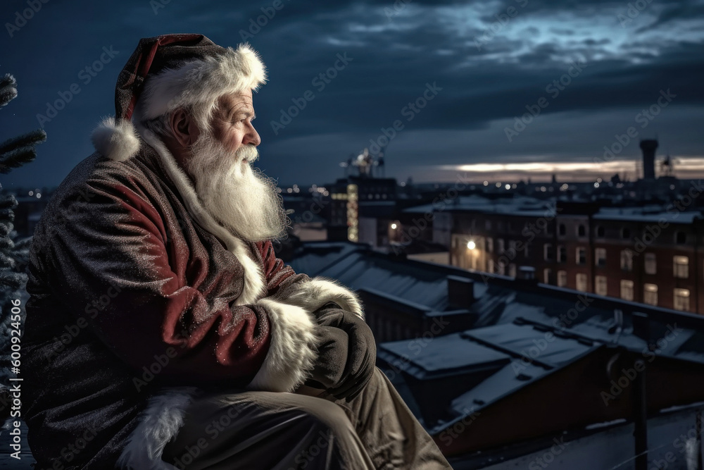 Santa Claus sitting on a roof top and watching the city life