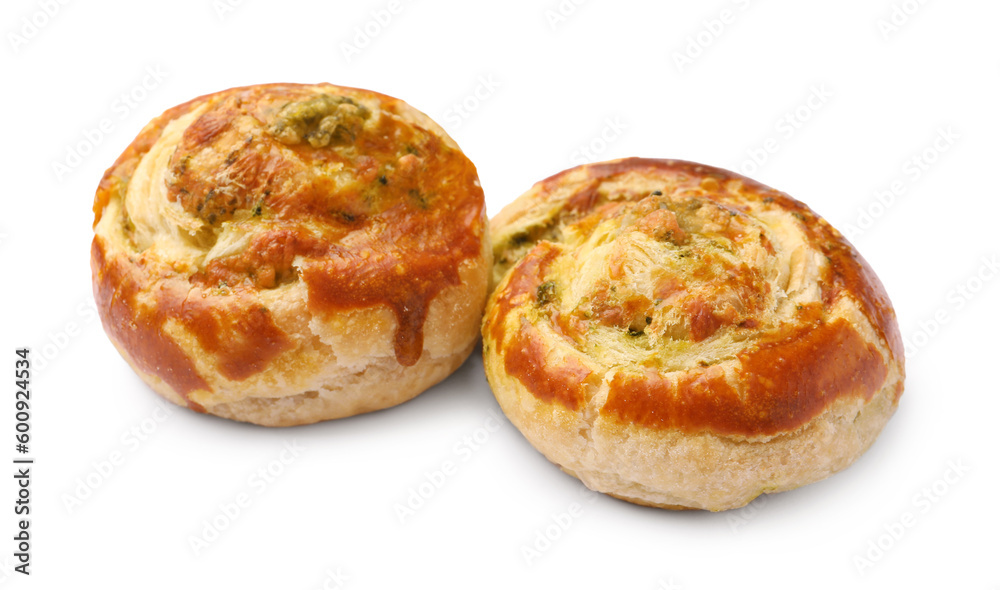 Fresh delicious puff pastry with tasty filling on white background