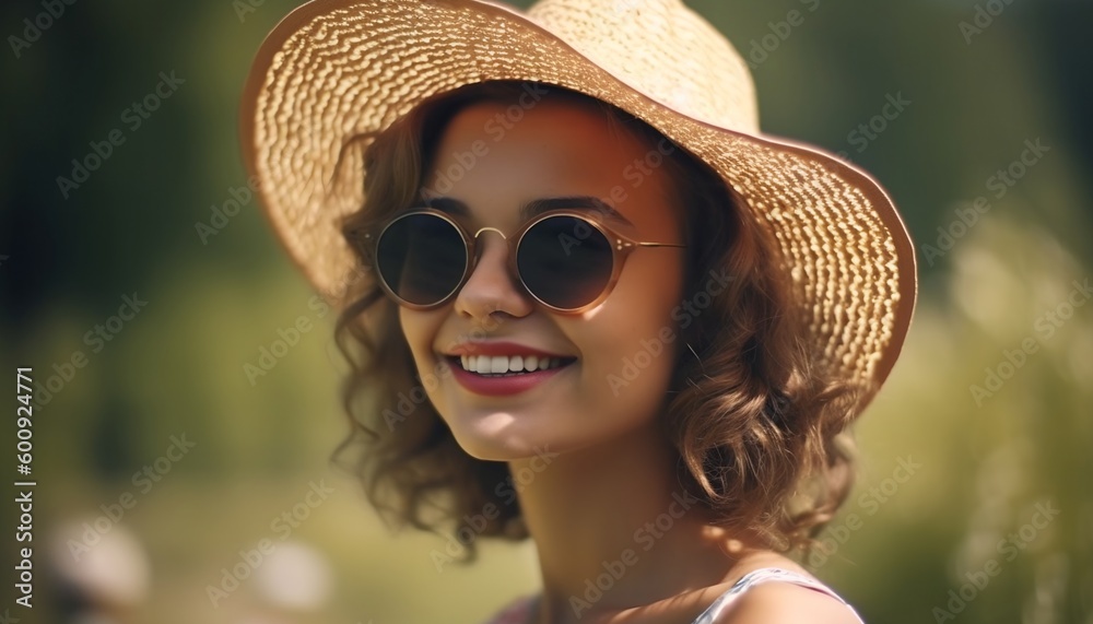 Portrait of happy smiling woman in sunglasses outdoors, generative ai