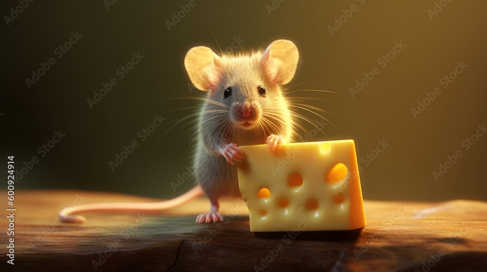 Fototapeta premium A tiny mouse nibbling on a bit of cheese. AI generated