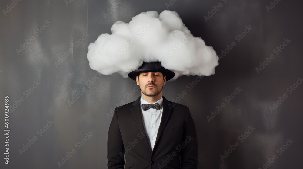 Businessman in a hat with a cloud instead of a head. he concept of tough decision making, creative thinking. Generative AI. Businessman in a hat with a cloud instead of a head. he concept of tough decision making, creative thinking. Generative AI.