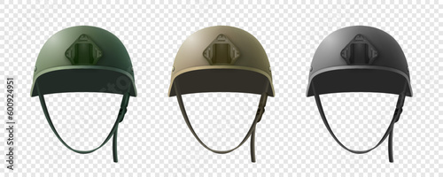 Vector 3d Realistic Military Helmet Icon Set Closeup Isolated. Green, Brown, Beige, Black Color. Helmets, Army Symbol of Defense and Protect. Soldier Helmet Design Template