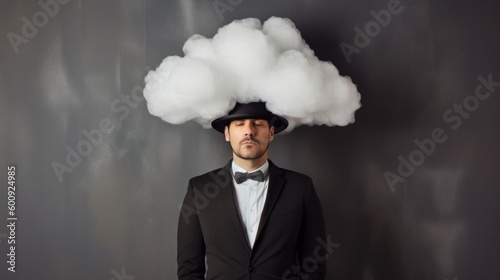Businessman in a hat with a cloud instead of a head. he concept of tough decision making, creative thinking. Generative AI.