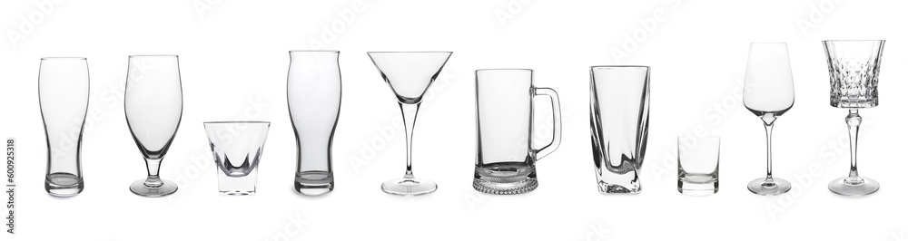 Collage with different empty glasses on white background Collage with different empty glasses on white background