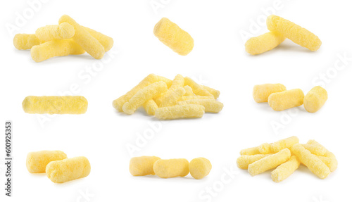Collage with tasty corn sticks on white background