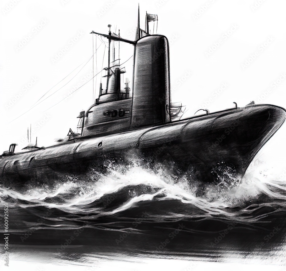 Fototapeta premium Ship in the sea submarine drawing charcoal and pencil realistic style. Generative AI