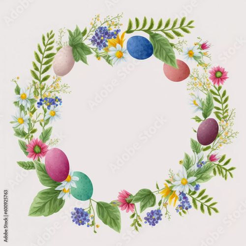 Happy Easter concept with easter eggs in nest and spring flowers.