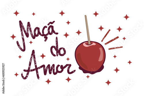 Love Apples are sweets made from apples skewered with sticks and dipped in sugary syrup. Writing lettering in Portuguese. Illustration isolated on transparent background.