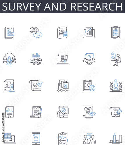 Survey and research line icons collection. E-commerce, Digital, Online, Shopping, Cybersecurity, Transactions, Marketplace vector and linear illustration. Virtual,Internet,Payment outline signs set
