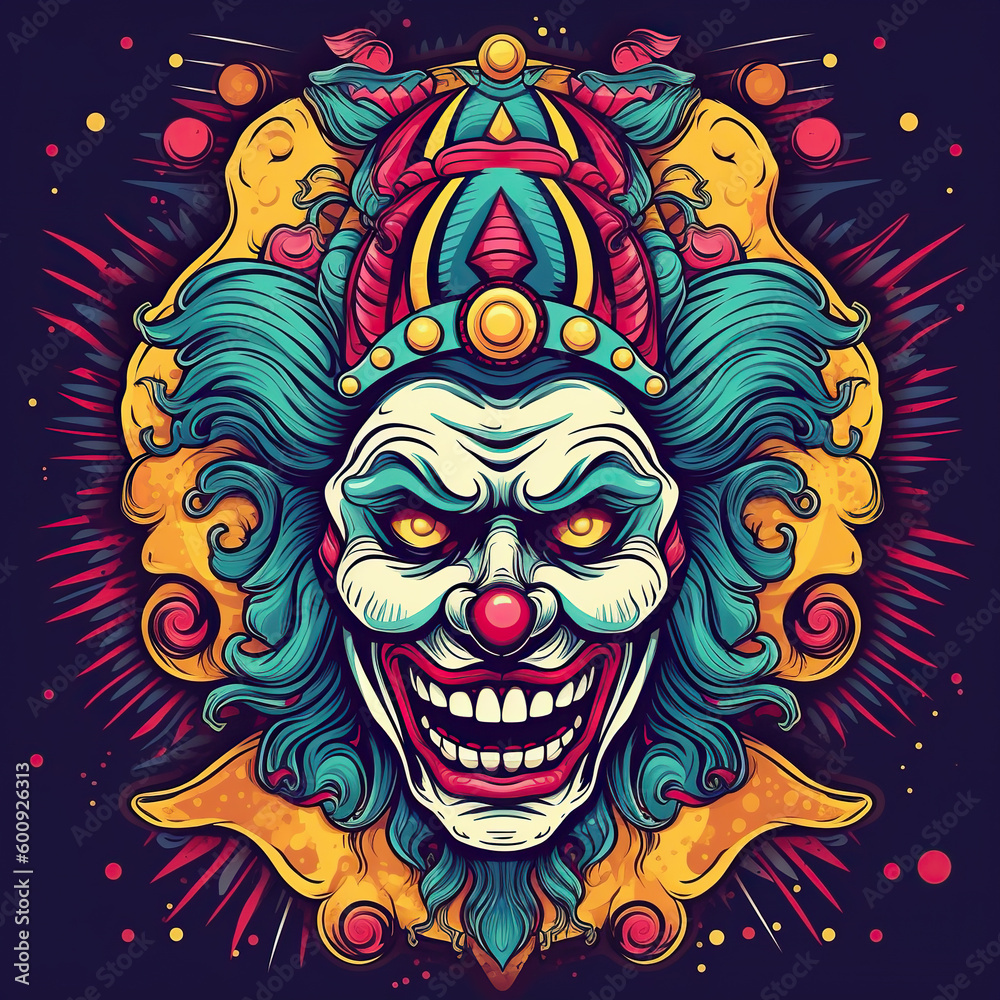 Clown tattoo. Creative image, vibrant colors. AI generated image. Clown tattoo. Creative image, vibrant colors. AI generated image.