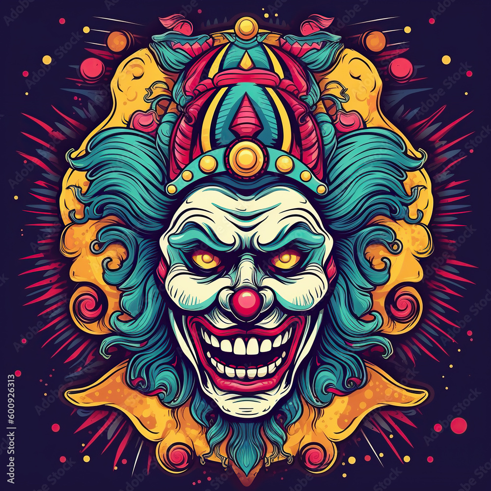 Clown tattoo. Creative image, vibrant colors. AI generated image.