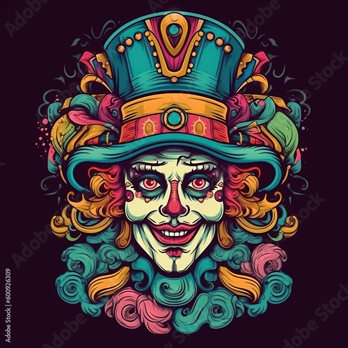 Clown tattoo. Creative image, vibrant colors. AI generated image.