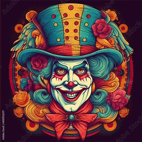 Clown tattoo. Creative image, vibrant colors. AI generated image.