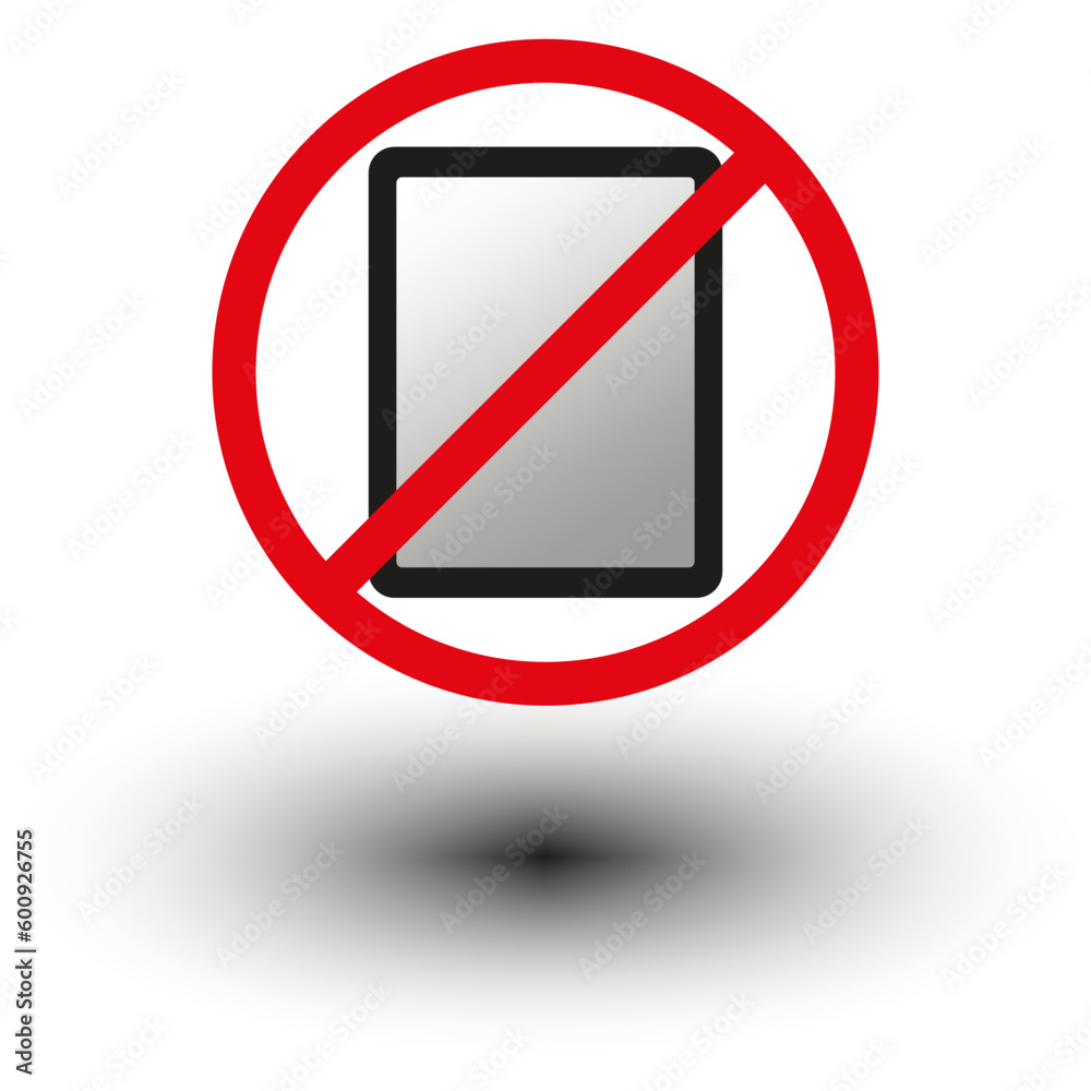 No gadgets sign. Tablet icon. Red circle. Forbidden concept. Public information. Vector illustration. No gadgets sign. Tablet icon. Red circle. Forbidden concept. Public information. Vector illustration.