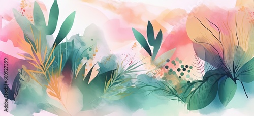 watercolor style illustration abstract background of colorful tropical leaves flora, Generative Ai