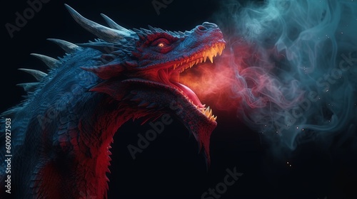 fierce fire dragon with fire and smoke from mouth, Generative Ai