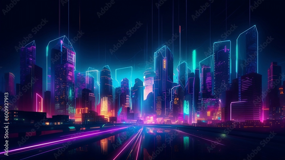 This stunning desktop background features a futuristic city skyline bathed in vibrant neon lights. The dazzling array of colors reflects on the sleek, glass surfaces of the towering skyscrapers.