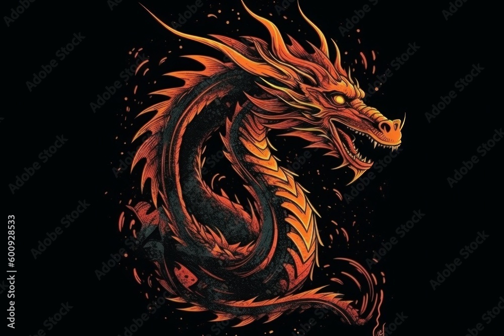 Dragon from fire on black background. Drawing style. Preparation for printing. AI generated, human enhanced Dragon from fire on black background. Drawing style. Preparation for printing. AI generated, human enhanced