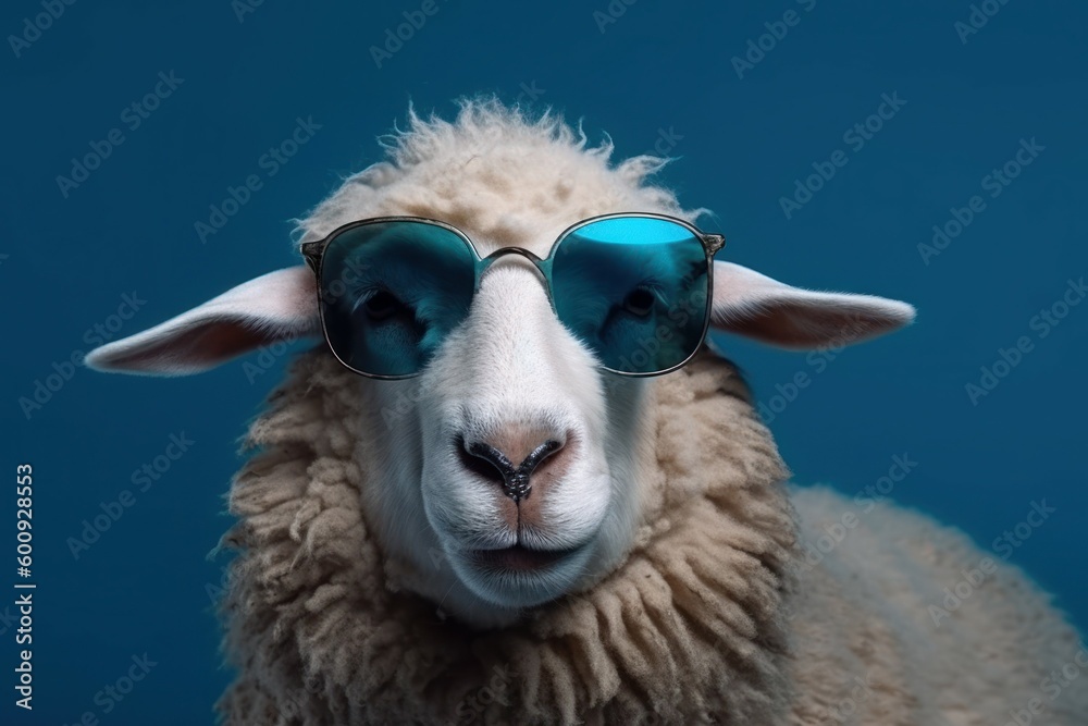 Obraz premium Funny cute sheep in sunglasses with happy emotion. AI generated, human enhanced