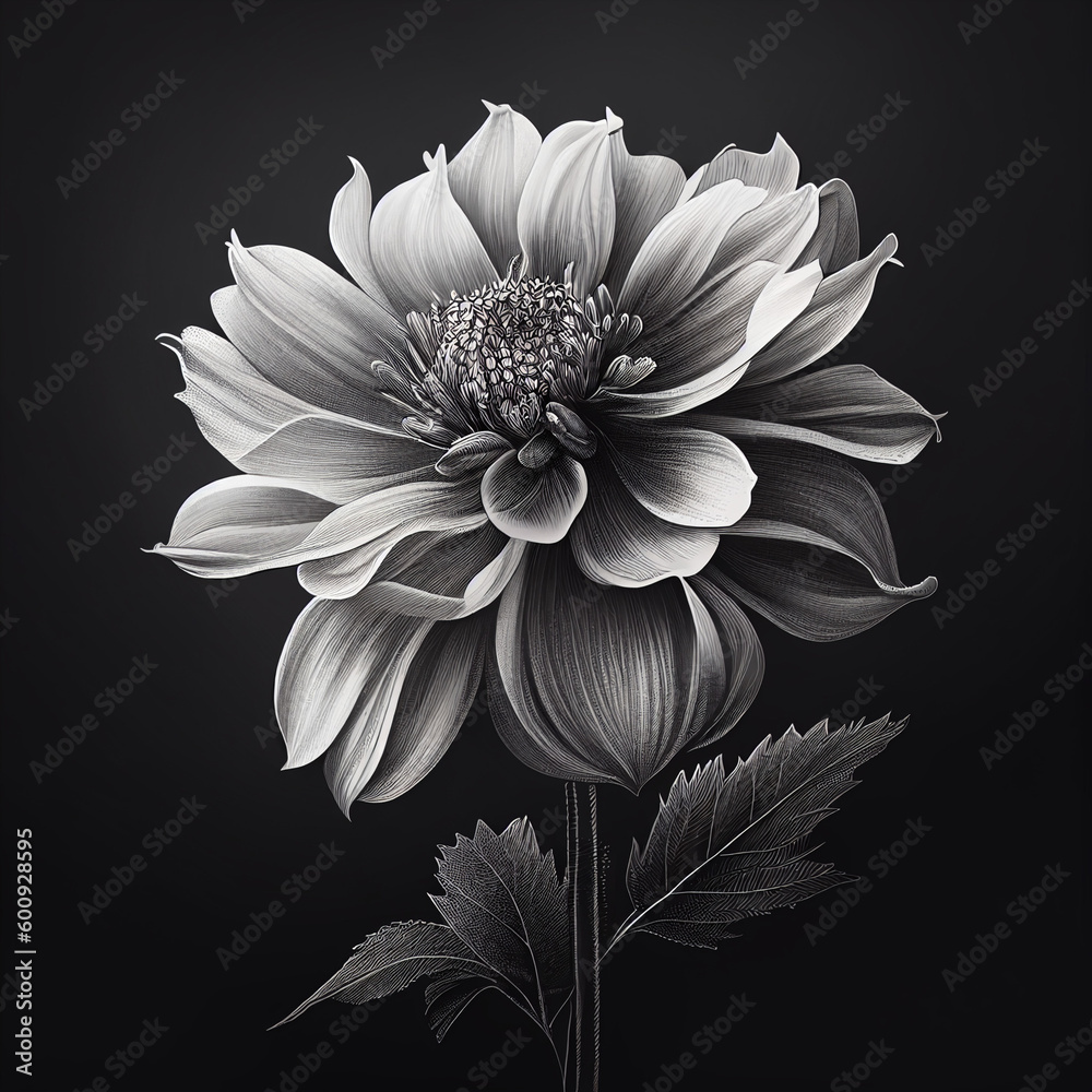 A black and white illustration of a flower