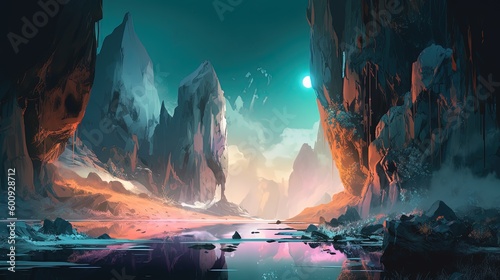illustration of winter frozen ice cliff mountain passage, idea for fantasy background, Generative Ai