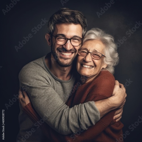 Generational Love: Embracing the Essence of Mother's Day with an Elderly Mother and Adult Son, generative ai