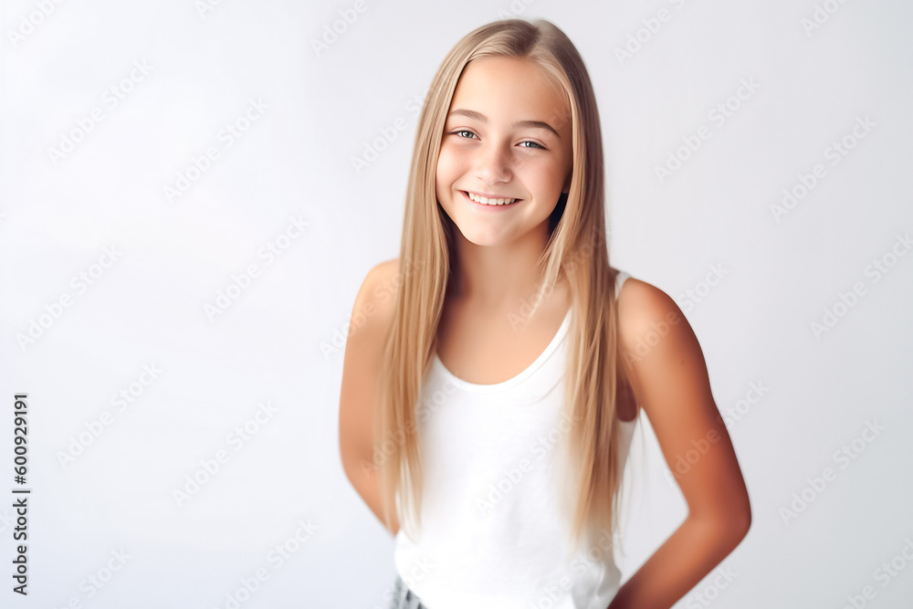 A stunning European American girl with flowing blond hair, smiling directly at the camera in bright studio lighting against a white background. generative AI. A stunning European American girl with flowing blond hair, smiling directly at the camera in bright studio lighting against a white background. generative AI.