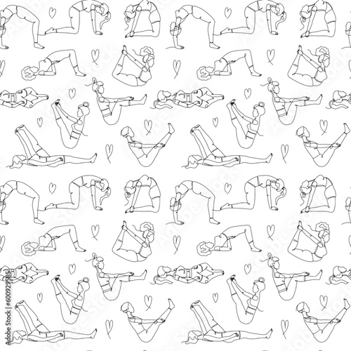 Seamless pattern with single line drawings of yoga poses. Linear hand drawn asana doodles wallpaper on white background