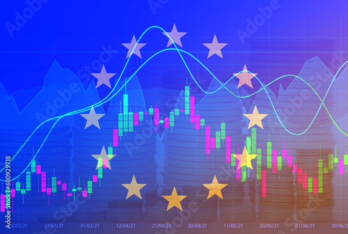 Stock exchange. Multiple exposure with European flag, coins, and trading graphs photo