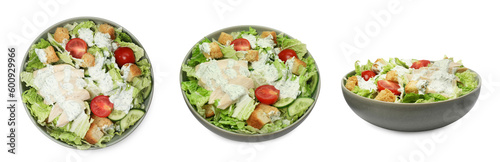 Bowl of tasty salad with Chinese cabbage, cucumber, meat and tomatoes on white background, different sides. Collage design