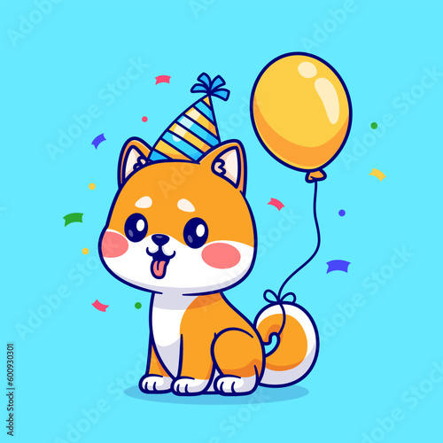 Cute Shiba Inu Dog Birthday Party With Balloon Cartoon Vector Icon Illustration. Animal Holiday Icon Concept Isolated Premium Vector. Flat Cartoon Style