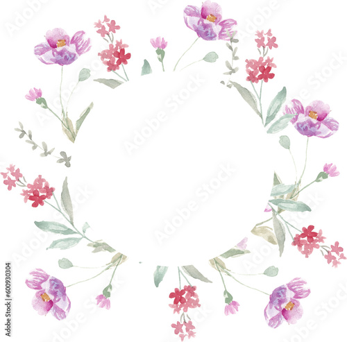 Fototapeta Naklejka Na Ścianę i Meble -  Purple Rose Watercolor Flower Wreath