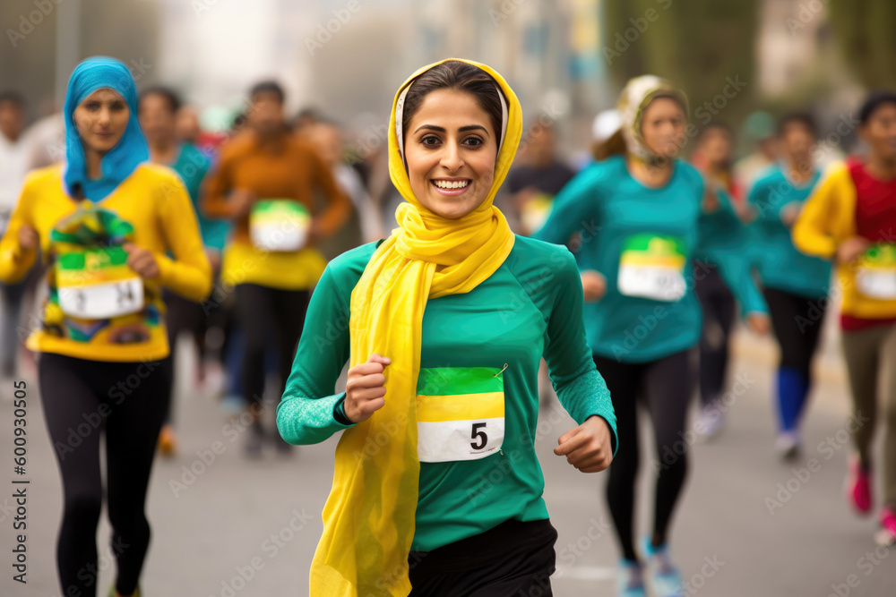 Female marathon runner wearing a hijab while running through a crowd of other runners, with the city skyline in the background. Generative AI Female marathon runner wearing a hijab while running through a crowd of other runners, with the city skyline in the background. Generative AI