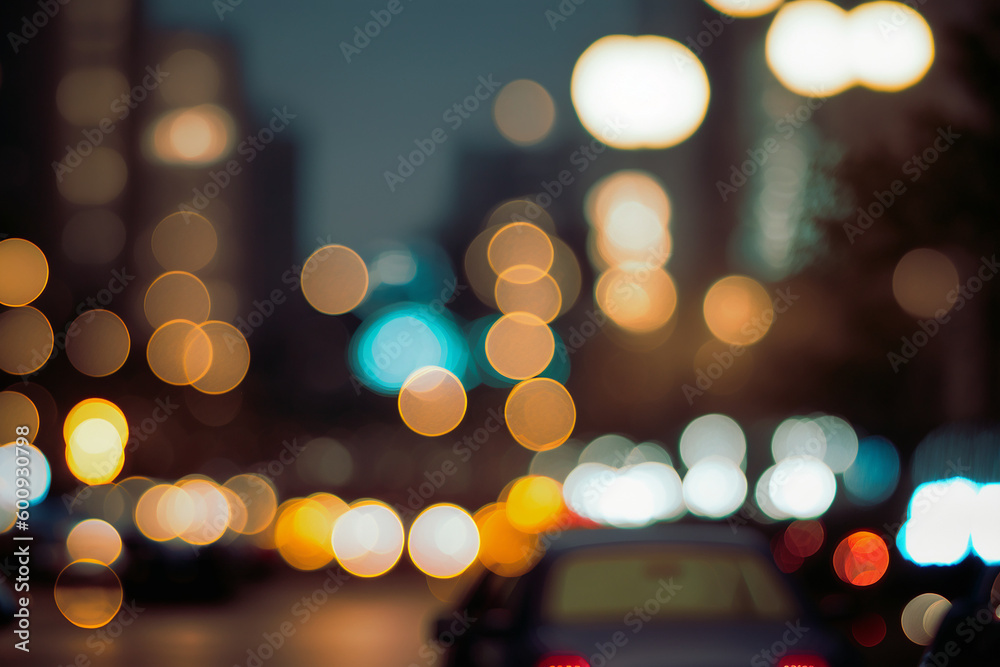 A strong bokeh telephoto view by night with large spots of lights, Generative AI