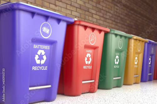 Obraz na plátně Plastic garbage bins with waste type label and recycle logo are the best for waste sorting systems