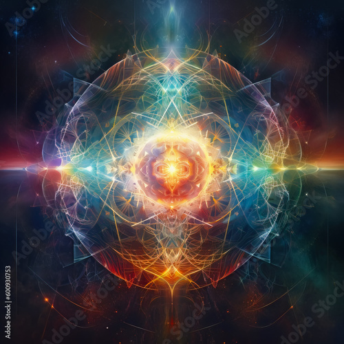 Colorful esoteric geometry glowing with light. Digital illustration.