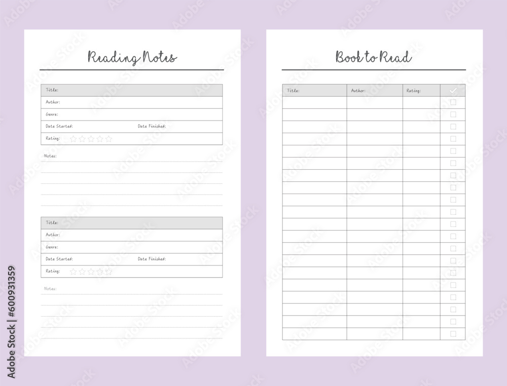 Reading note list planner. Reading note list planner.