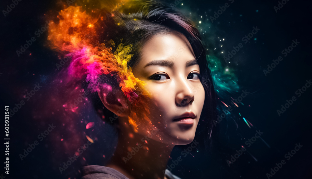 A surrealistic portrait painting abstract of a woman with colorful hair and futuristic paintings of women with colored hair and eyes. generative AI A surrealistic portrait painting abstract of a woman with colorful hair and futuristic paintings of women with colored hair and eyes. generative AI